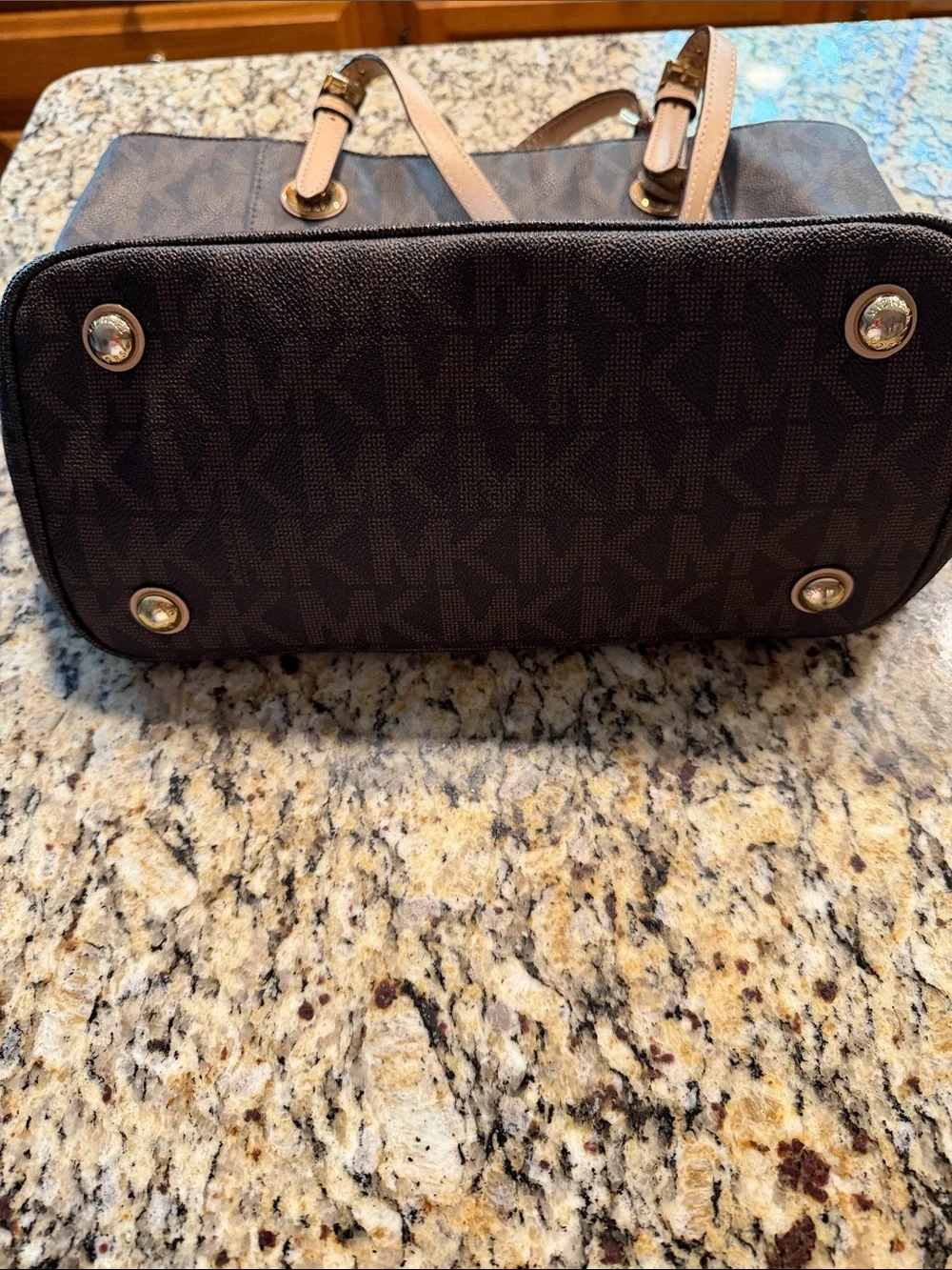 Michael Kors Black Logo Shoulder Tote with Gold MK Charm and Tan Straps